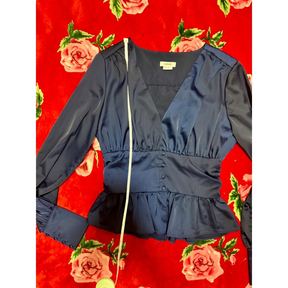 Jason Wu Satin Babydoll Peplum Blouse Small Navy Plunge Holiday Coquette Peasant - Picture 5 of 15